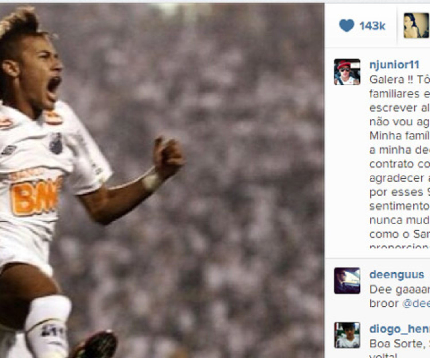 Neymar utilizou o seu instagram pra dizer que estava indo para o Barcelona